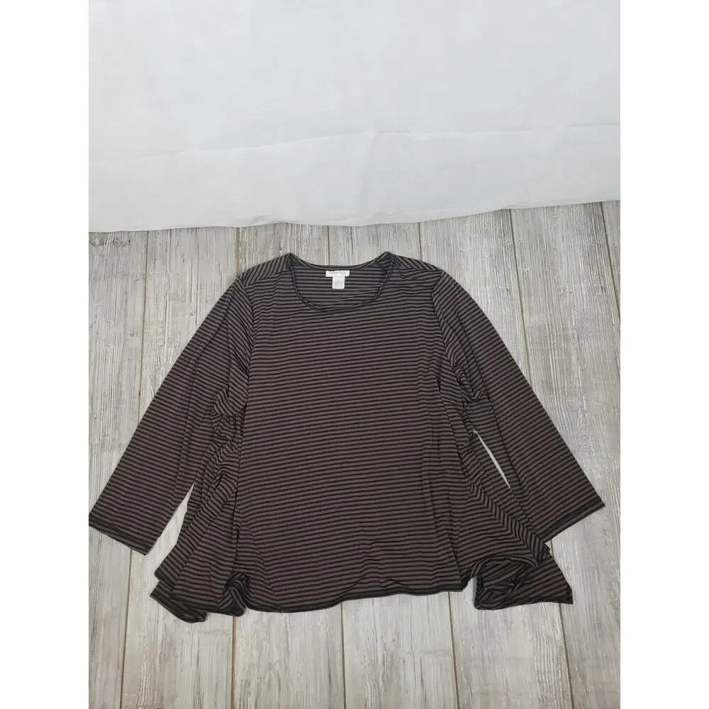 Sophia NYC Made in USA XL Stretch Top Black/Brown Stripes Lagenlook‎ Ruffled